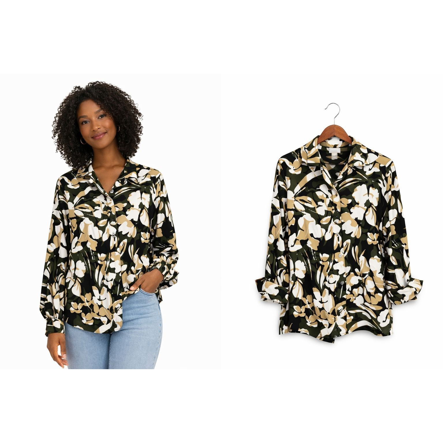 Chicos No Iron Popover Blouse Shirt Top Size Xl Floral Camo Long Sleeve
